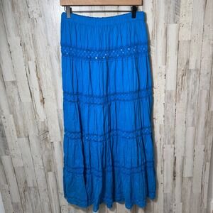 Vtg Y2K Madison Blue Tiered Maxi Skirt Sequin Lace Boho Womens Medium